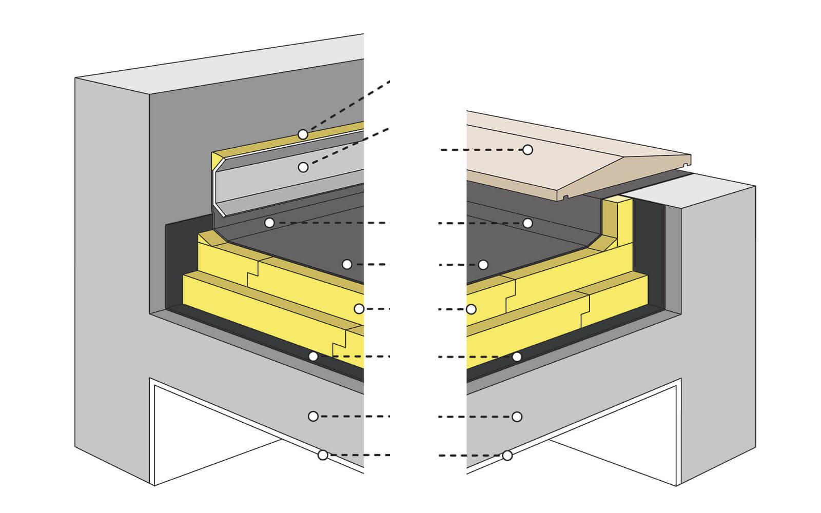 Schémas : Isolation d'une toiture chaude avec solin le long d'un mur et autre avec couvre-mur sur acrotère