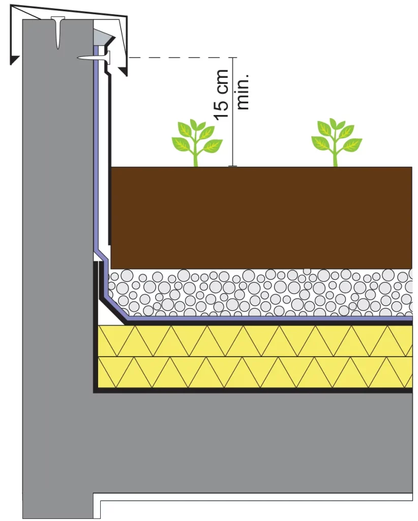 Doorsnedeschéma van een groendak dat de waterdichte opstand tegen de dakrand en de minimale reglementaire hoogte van 15 cm toont.