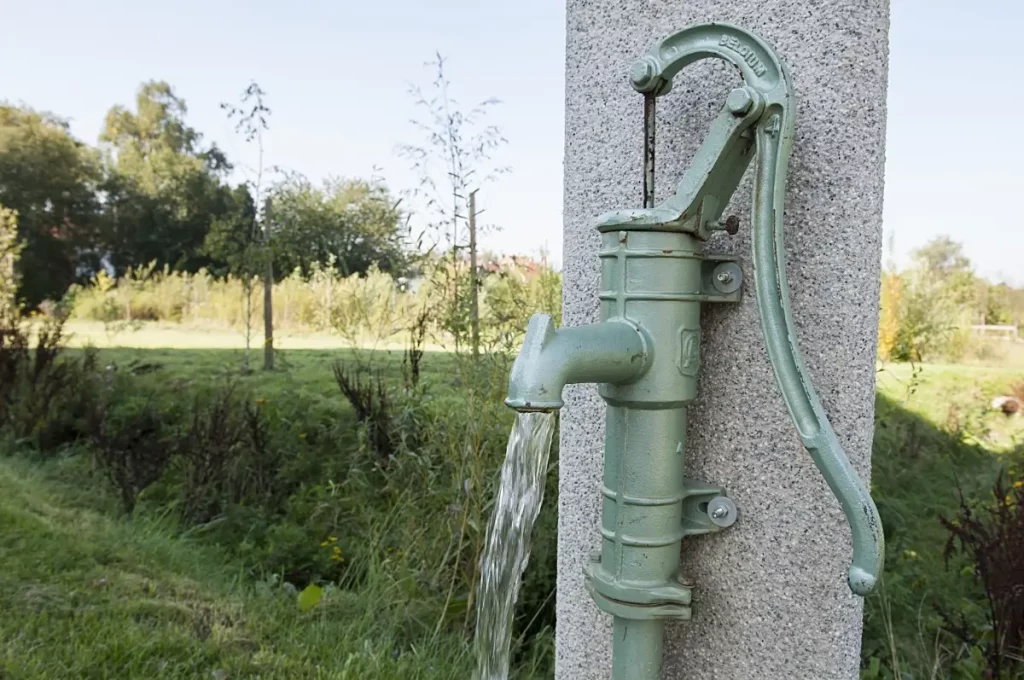 Photo d'une pompe à bras utilisée dans un jardin