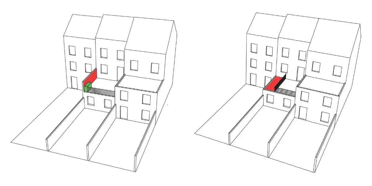 Schéma de la possibilité 2 d'aménagement d'une terrasse sur un toit plat