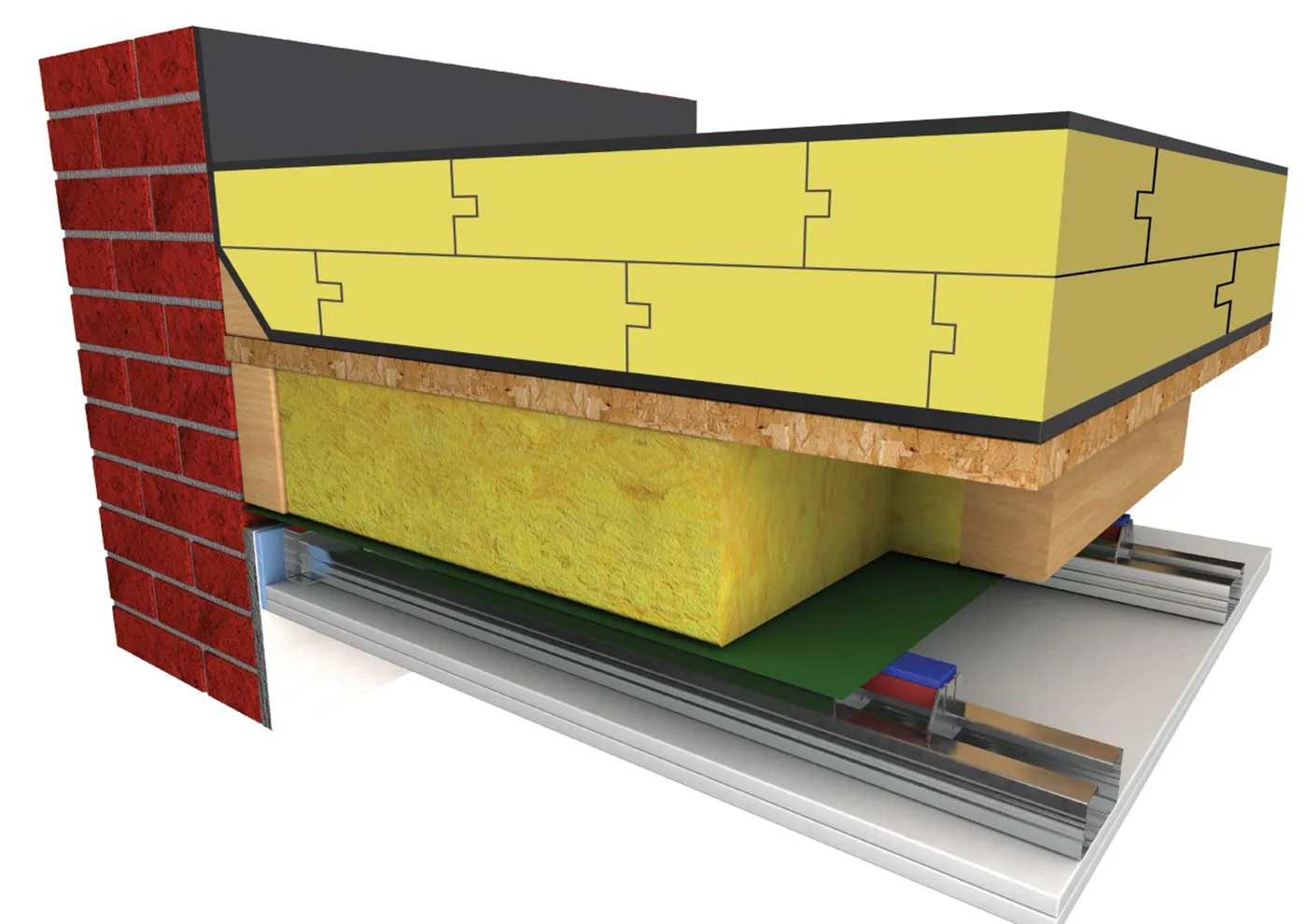 Doorsnedeschéma van een geïsoleerde wand met de binnenopbouw, inclusief damprem, isolatie, metalen profielen, trillingsdempende ophangbeugels en losgekoppelde afwerkingsplaten.