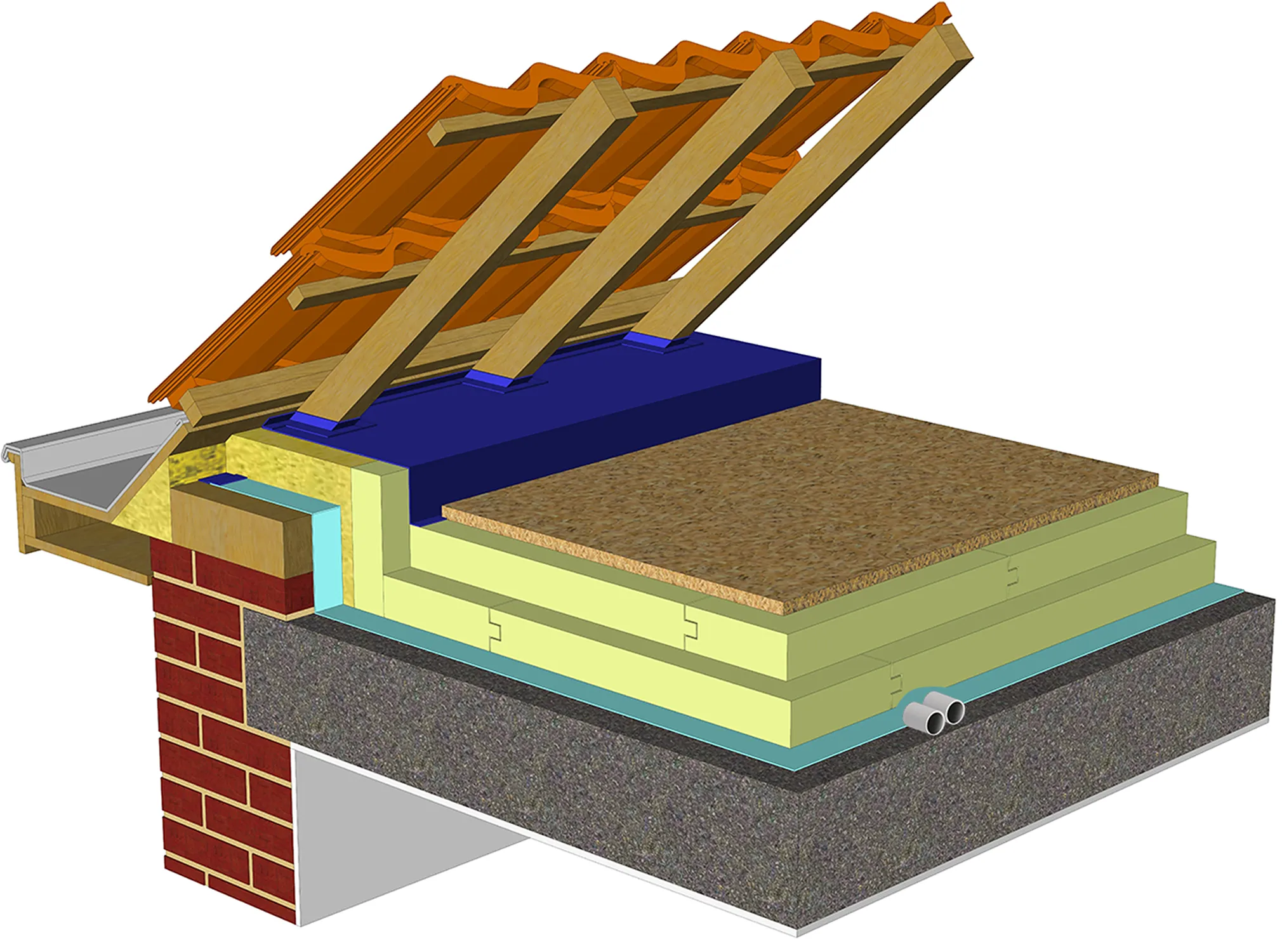 Schéma d’isolation d’un plancher de grenier en béton, avec couches d’isolant posées au-dessus.