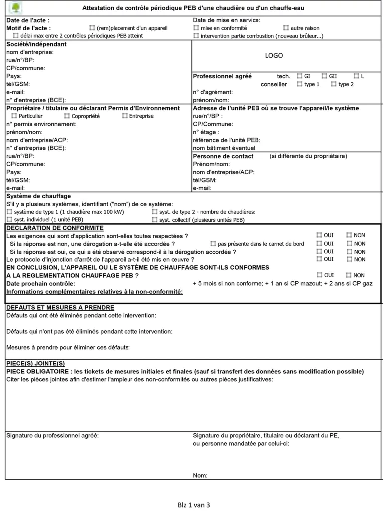 exemple du document officiel intitulé « Attestation de contrôle périodique PEB d’une chaudière ou d’un chauffe-eau »