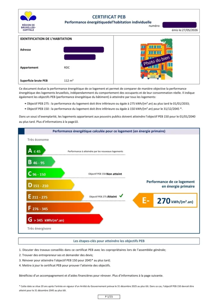 Voorbeeld van de eerste pagina van het EPB-certificaat voor een eengezinswoning in Brussel